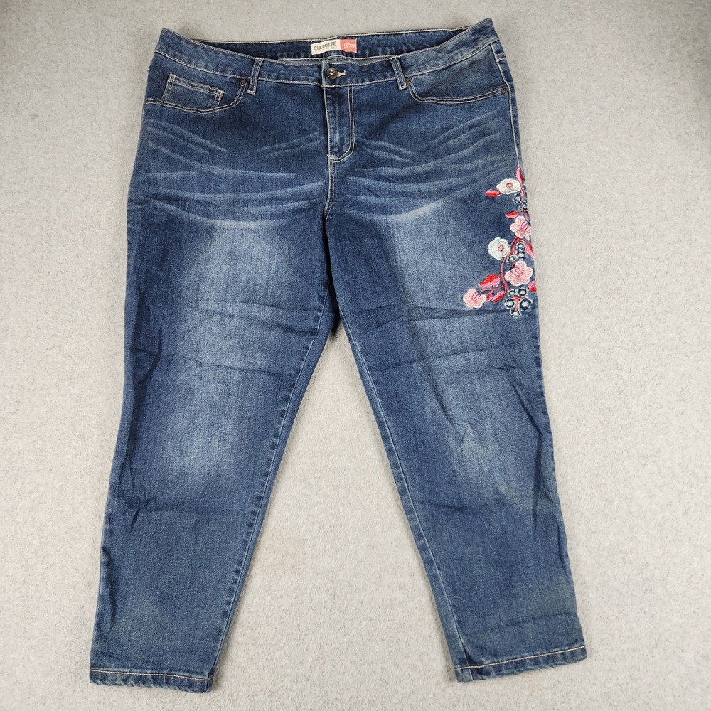 Cherokee Cropped Jeans Womens 20W Blue Denim Heritage Floral Embroidered Stretch